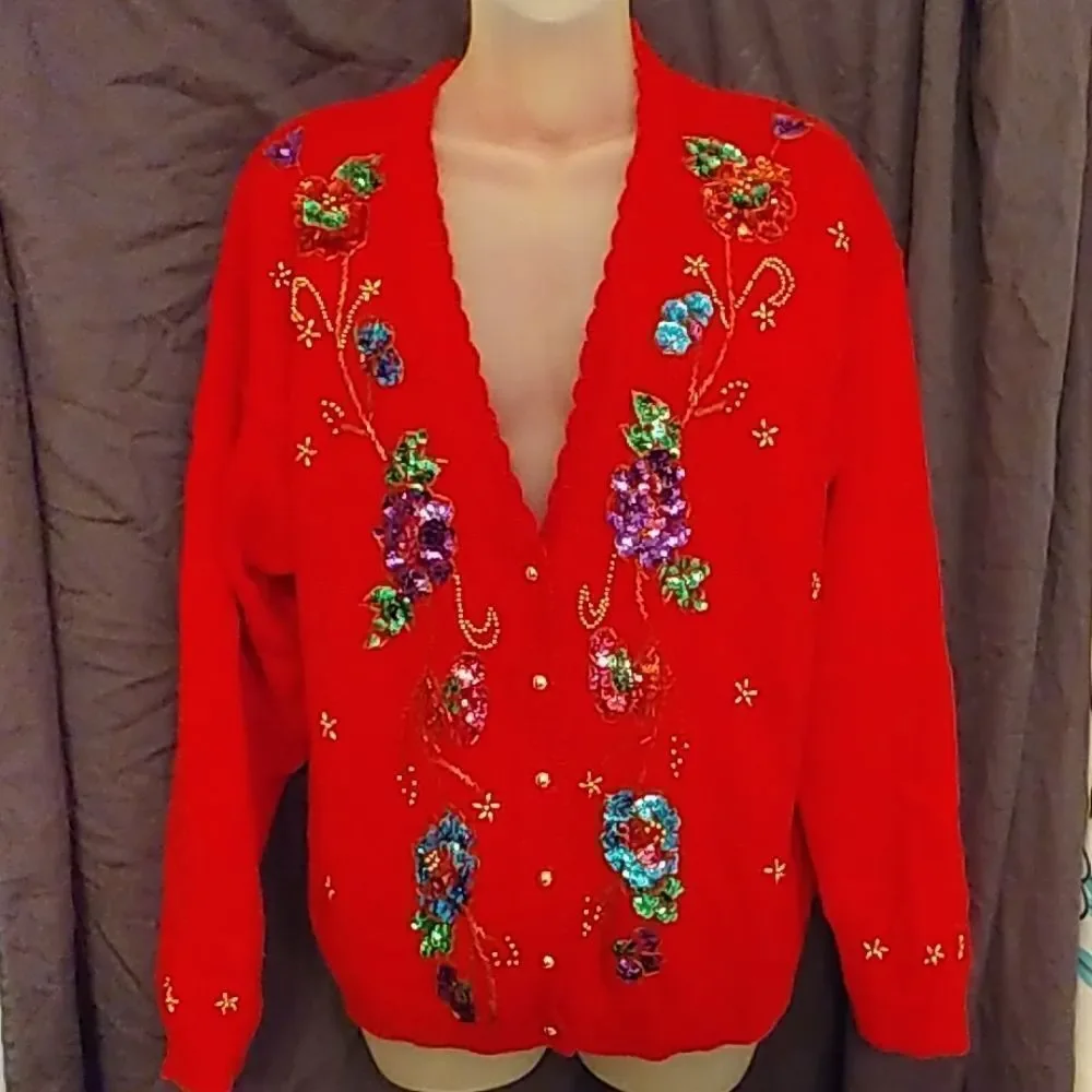 Gloriously Gaudy Red Sequined Floral Sweater - Picture 1 of 7